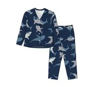 PQruop Pyjama deux pièces pour femme imprimé requin océan, pyjama boutonné à manches longues avec poches, pyjama décontracté., Noir , S