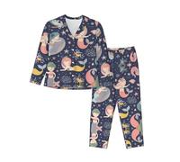 PQruop Pyjama deux pièces pour femme imprimé sirène dans l'océan, pyjama boutonné à manches longues avec poches, pyjama décontracté., Noir , S