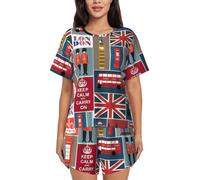 PQruop Pyjama deux pièces pour femme imprimé symboles de l'Angleterre, pyjama d'été à manches courtes et col rond, vêtements décontractés pour la maison, Noir , 3XL