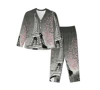 PQruop Pyjama deux pièces pour femme imprimé Tour Eiffel Paris, pyjama boutonné à manches longues avec poches, pyjama décontracté., Noir , S
