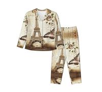 PQruop Pyjama deux pièces pour femme imprimé Tour Eiffel Paris, pyjama boutonné à manches longues avec poches, pyjama décontracté., Noir , S