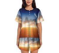 PQruop Pyjama deux pièces pour femmes imprimé ciel avec lune pyjama d'été à manches courtes col rond, vêtements décontractés pour la maison, Noir , M