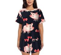 PQruop Pyjama deux pièces pour femmes imprimé cochon rouge, pyjama d'été à manches courtes et col rond, vêtements décontractés pour la maison, Noir , M