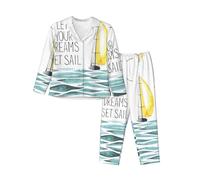 PQruop Quotes Let Your Dreams Set Sail Print Pyjama deux pièces pour femme, pyjama boutonné à manches longues avec poches, pyjama décontracté., Noir , S