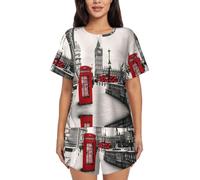 PQruop Red Phone Booth London Street Print Pyjama deux pièces pour femme, pyjama d'été à manches courtes et col rond, vêtements décontractés pour la maison, Noir , S