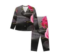 PQruop Spa Stone And Rose Flowers Print Pyjama deux pièces pour femme, pyjama boutonné à manches longues avec poches, pyjama décontracté., Noir , S