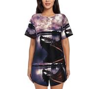 PQruop Vikings Pyjama deux pièces pour femme, imprimé bateau, pyjama d'été à manches courtes et col rond, vêtements décontractés pour la maison, Noir , 3XL