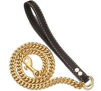 Praddog Laisse pour Chien en métal résistant à la Mastication 12 mm avec poignée rembourrée en Cuir pour Chiens de Grande et Moyenne Taille (0,9 m, 1,2 m ou 1,5 m), 3.0 FT (for Larger Dog), doré