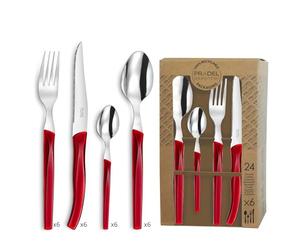 PRADEL ESSENTIEL - Coffret 24 couverts de table pour 6 personnes - Rising Sun - Acier inoxydable 18/0, Finition Standard - Rouge