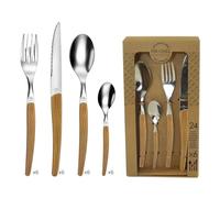 PRADEL ESSENTIEL - Ménagère 24 couverts de table pour 6 personnes - Gamma Nature - Acier Inoxydable 18/0, Finition Standard - Bois Clair (Epaisseur 1.5 mm)
