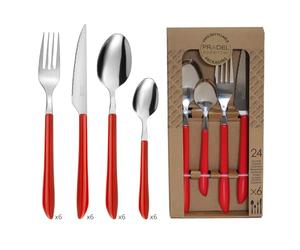 PRADEL ESSENTIEL - Ménagère 24 couverts de table pour 6 personnes - Vibrato - Acier Inoxydable 18/0, Finition Standard - Rouge (Epaisseur 2.5 mm)