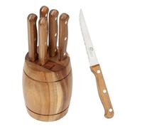 Pradel Excellence - Bloc Couteaux 6 Pièces Rustika - Bloc en Acacia en Forme de Tonneau - 6 Couteaux à Steak, Lames en Acier Inoxydable 2CR14 - Ustensiles de Cuisine Pleine Soie - 9,5 x 9,5 x 13 cm