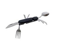 Pradel Excellence - Evasion - Couteau de Poche Camping - Lame 7,5 cm Acier 3CR13 - Fourchette, Cuillère, Tire-Bouchon, Ouvre-Boîte et Décapsuleur - Manche ABS Noir - Étui de Transport Inclus