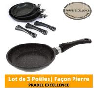 Pradel Excellence| Lot de 3 Poêles Façon Pierre, Diamètre: 20/24/28 cm| Antiadhésive, Manches Amovibles| Tous Feux dont Induction