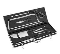 Pradel Excellence - Mallette Coutellerie du Boucher 9 Pièces - Couteaux de Boucher, Scie, Aiguiseur - Acier Inoxydable 420J2 - Mallette Aluminium - Logo Gravé, Noir,argent