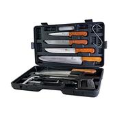 Pradel Excellence - Mallette Coutellerie du Chasseur Essentiels 8 Pièces - 5 Couteaux Manche en Bois de Rose + 1 Fusil d’Affûtage + 1 Scie - Lames en Acier Inoxydable - Boîte Couleur