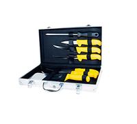 Pradel Excellence - Mallette de Couteaux de Boucher Authentique - 5 Couteaux + 1 Couperet + 1 Fusil d’Affûtage Manches en Polypropylène - Acier 3CR14 - Compatible Lave-Vaisselle - Boîte Couleur