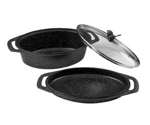 Pradel Excellence - PCUI001027 - Marmite Ovale 3 pièces 33,5 x 25 cm avec Couvercle Verre - Fonte d’Aluminium - Revêtement Antiadhésif façon pierre - Maniques Incluses - Tous Feux Four, Lave-Vaisselle