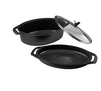 Pradel Excellence - PCUI001028 - Marmite Ovale 3 pièces 39 x 28 cm avec Couvercle Verre - Fonte d’Aluminium - Revêtement Antiadhésif façon Pierre - Maniques Incluses - Tous Feux, Four, Lave-Vaisselle