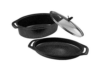 Pradel Excellence - PCUI001028 - Marmite Ovale 3 pièces 39 x 28 cm avec Couvercle Verre - Fonte d’Aluminium - Revêtement Antiadhésif façon Pierre - Maniques Incluses - Tous Feux, Four, Lave-Vaisselle