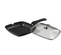 Pradel Excellence - Poêle Grill 24 x 24 cm - Fonte d'Aluminium Façon Pierre - Revêtement Anti-Adhésif - Manche Amovible - Couvercle Verre - Tous Feux dont Induction, Noir
