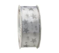 Präsent Arktis Ruban en Taffetas renforcé de Fil de Fer Motif étoilé Argenté/Blanc 40 mm x 20 m