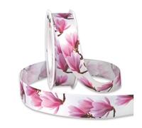 Präsent - Ruban de Satin imprimé Magnolien Blanc 20 m - Rouleau de 25 mm de Largeur