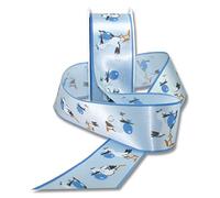 Präsent - Ruban satin imprimé bleu Adebar 40 mm de large, 20 m de long