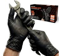 PRAIMA Diamond Grip Gants de mécanicien jetables en nitrile noir | Sans poudre, sans latex, gants en caoutchouc extra épais et résistants pour le travail, l'automobile, l'industrie et le nettoyage