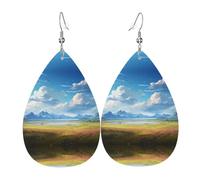 Prairie large ouverte. Boucles d'oreilles en cuir imprimées double face en forme de gouttes d'eau, créatives, légères et novatrices, couleurs vives et vives.