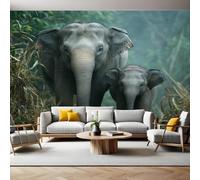 Prairie Papier Peint Panoramique Éléphant animal père et fils 3D Trompe L'oeil Moderne Papier Peint 250 x 175 cm Grandes Murales Poster pour Salon, Adulte Chambre d'enfants, Étude Décor