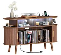PRAISUN Grand support de tourne-disque de 119,2 cm avec prises de courant et lumières 3 couleurs, support de disque vinyle avec 2 armoires cannelées, port USB-C, support de lecteur moderne du milieu