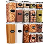PRAKI Lot de 16 boîtes de conservation hermétiques en plastique sans BPA pour aliments secs de cuisine, garde-manger, idéal pour les céréales, la farine et le sucre - étiquettes, marqueur (noir)