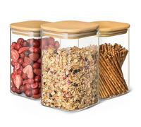 Praknu 3 Bocaux en Verre Carrés avec Couvercle en Bambou - Hermetiques - 1l - Réutilisable - 6 Joints - Lavable au Lave-vaisselle