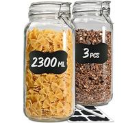 Praknu 3 Bocaux en Verre Hermétiques Grands de 2l - Avec Étiquettes, Marqueur et Joints de Rechange - Gain de Place grâce à leur Forme Angulaire