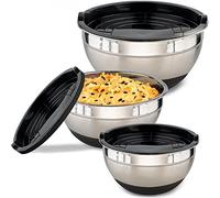 Praknu 3 Bols en Acier Inox avec Couvercles - Antidérapants - Hermétiques - Avec Lignes de Mesure - Empilables - Idéal pour Mixer