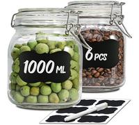 Praknu 6 Bocaux en Verre Hermétiques de 1l - Avec Étiquettes, Marqueur et Joints de Rechange - Gain de Place grâce à leur Forme Angulaire