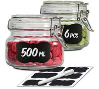 Praknu 6 Bocaux en Verre Hermétiques de 500ml - Avec Étiquettes, Marqueur et Joints de Rechange - Gain de Place grâce à leur Forme Angulaire