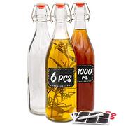 Praknu 6 Bouteille en Verre 1 litre à Fermeture Mécanique - Bouteille en Verre avec Bouchon - 12 Étiquettes et Stylo - pour Le Vin, L'Huile, Les Boissons, Le Vinaigre, Le Kombucha & L'Eau