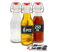 Praknu 6 Bouteille en Verre 250ml avec Bouchon Mécanique - Bouteille en Verre avec Bouchon - 12 Étiquettes et Stylo - Bouteille Vide Verre pour Huile D'Olive, Vinaigre, Liqueur, Bière ou Eau Gazeuse