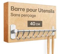 Praknu Barre de Suspension pour Ustensiles de Cuisine avec 8 Crochets - Adhésive & Sans Perçage - Fixation Murale 40 cm - Durable