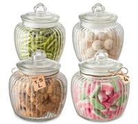 Praknu Bocal à Bonbons en Verre - Lot de 4 x 1,5L - Avec Étiquettes & Couvercles - Vintage - Pour Mariage, Fête & Cuisine - Passe au Lave-Vaisselle - Pour Biscuits & Chocolat