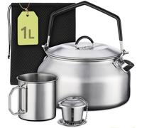 Praknu Bouilloire de camping 1 l en acier inoxydable - Bouilloire, gobelet, passoire à thé et sac - Empilable - Feu, cuisinière à gaz - Poignée en silicone résistante à la chaleur - Passe au