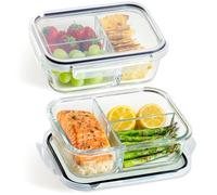 Praknu Lot de 2 Boîtes Repas en Verre 1 L - 3 Compartiments - Lunch Box | Aliments bien séparés, sans BPA, compatibles micro-ondes, lave-vaisselle et congélateur, 1 L, lot de 2, pour le bureau
