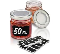 Praknu Lot de 25 mini bocaux en verre avec couvercle, étiquettes - 50 ml - Petits bocaux étanches à offrir