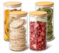 Praknu Lot de 4 Bocaux en Verre Hermetiques avec Couvercle en Bambou - Réutilisable - 8 Joints - 1,2 L - Lavable au Lave-vaisselle