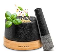 Praknu Mortier Pilon Cuisine en Granit 15 cm - Pilon Extra Long & Base Élégante en Bois FSC® - Parfait pour Épices, Herbes ou Noix - Facile à Nettoyer - Grand