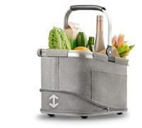 Praknu Panier à Provisions Pliable Gris 15-25 L - Extensible - Cabas Course | S'agrandit de 15 à 25 L selon les courses, cadre aluminium stable, fond renforcé, tissu lavable, poches en plus