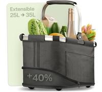 Praknu Panier à Provisions Pliable Petit - 2 en 1 Extensible de 25L à 35L - Tissu Lavable - Stable avec Cadre en Aluminium & Fond Renforcé - Poches Intérieures & Extérieures en Plus - Noir
