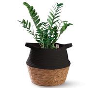 Praknu Panier Osier en Jonc de Mer et Coton Durable - Diamètre de 27 cm - Pot de Fleurs - Cache Pot pour Plantes Intérieur, Rangement et Décoration (Noir)